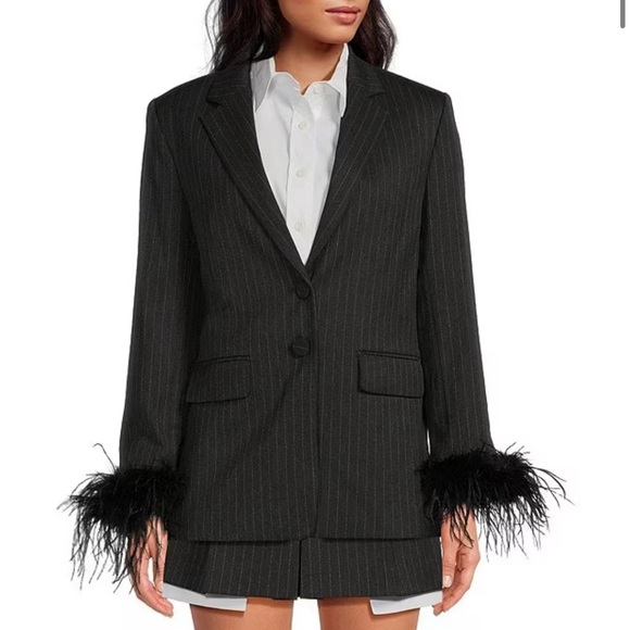 Gianni Bini Jackets & Blazers - Gianni Bini x Nastia Liukin Val Twill Stripe Long Sleeve Feather Trim Blazer